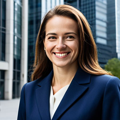환경경영 공인 자격증 - **

A professional businesswoman in a modest navy blue business suit, smiling confidently while stan...