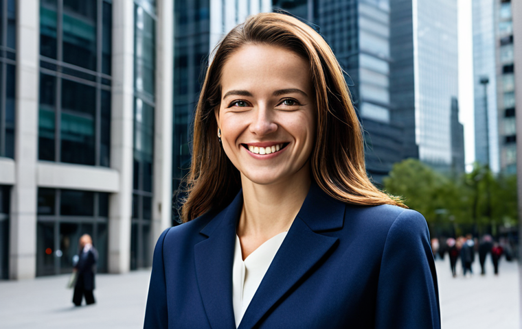 환경경영 공인 자격증 - **

A professional businesswoman in a modest navy blue business suit, smiling confidently while stan...