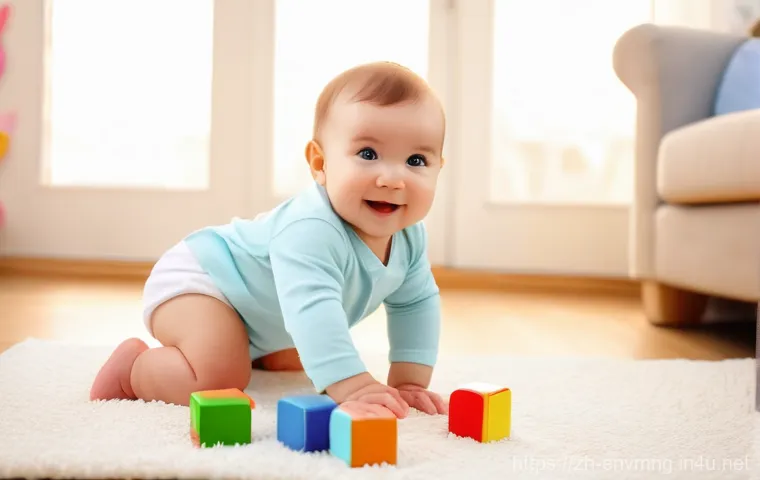 환경경영 전문가로서의 업무 분석 - A joyful, healthy baby with bright, curious eyes, crawling happily on a soft, plush rug. The baby is...