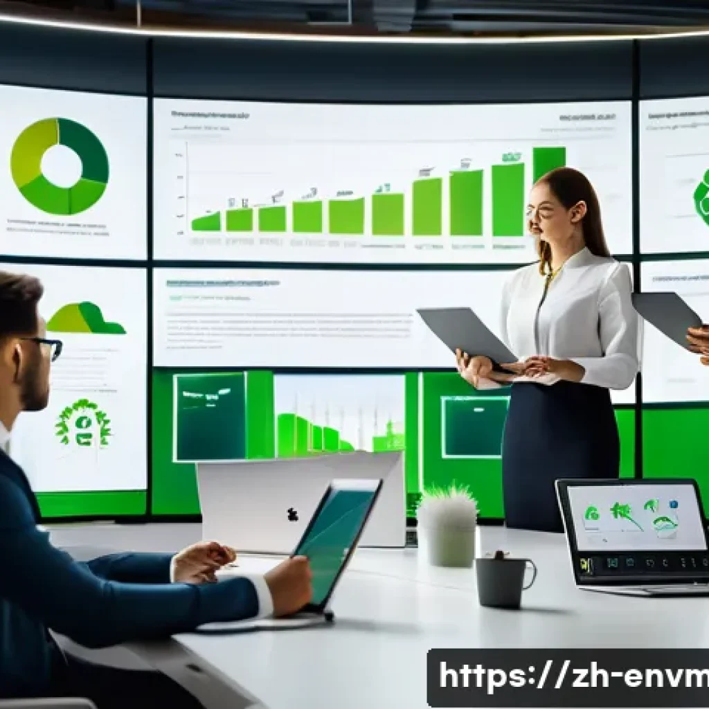 환경경영 자격증 취득 후 진로 - A modern corporate office scene showing a diverse team of professionals collaborating on a green tra...