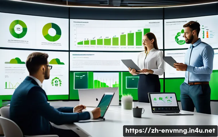 환경경영 자격증 취득 후 진로 - A modern corporate office scene showing a diverse team of professionals collaborating on a green tra...