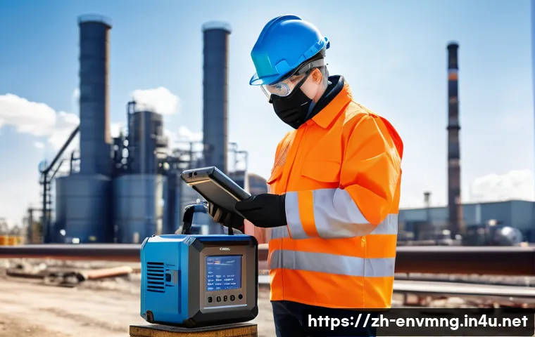 환경경영 자격증 실기 시험 - A professional environmental technician wearing protective gear and safety glasses, carefully calibr...