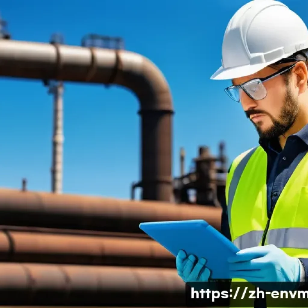 환경경영 직무에 필요한 실무 기술 - A modern environmental compliance inspection scene showing a professional wearing safety glasses and...