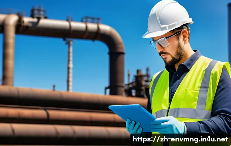 환경경영 직무에 필요한 실무 기술 - A modern environmental compliance inspection scene showing a professional wearing safety glasses and...