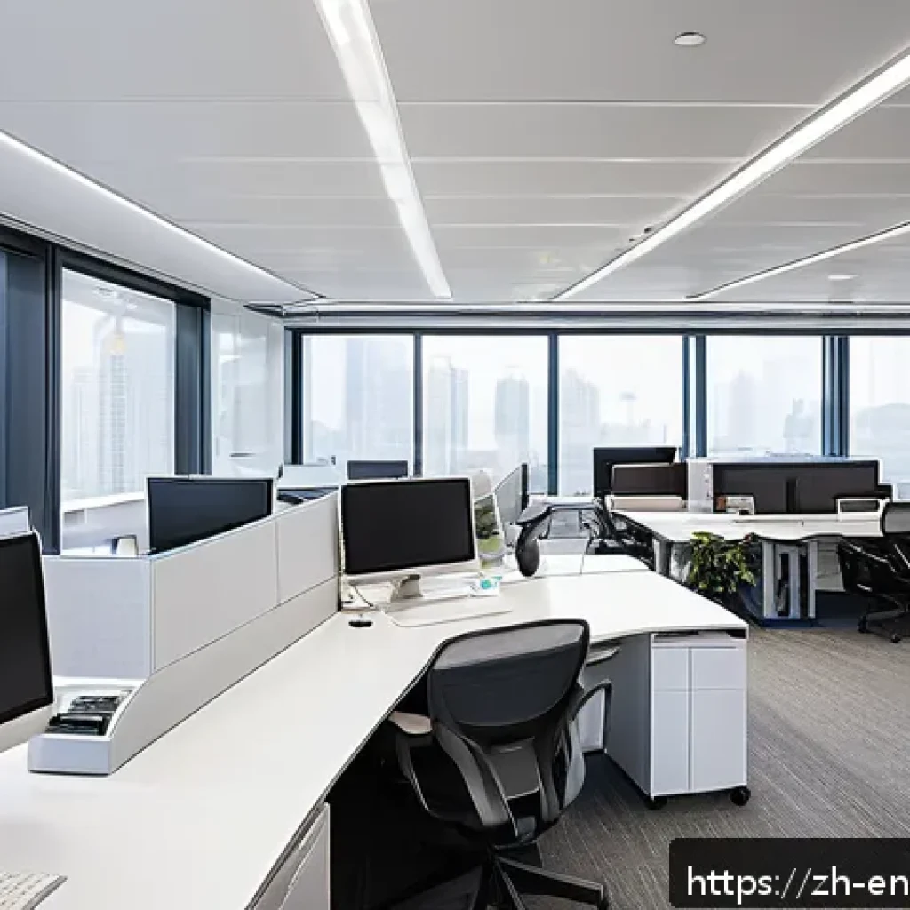 환경경영 전문가로서의 업무 일지 - A modern office space optimized for energy efficiency: employees gathered around a centrally placed ...