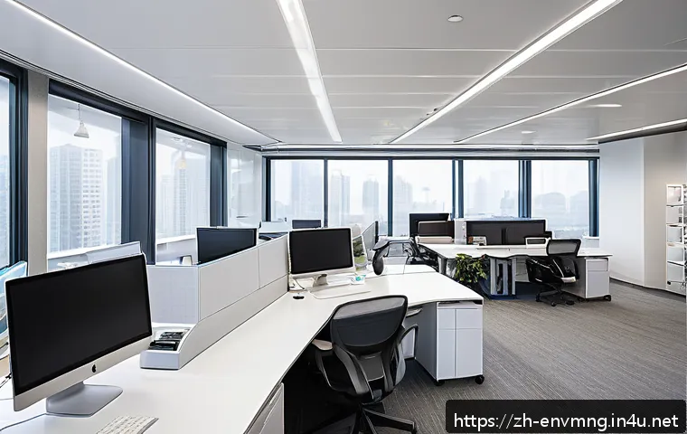 환경경영 전문가로서의 업무 일지 - A modern office space optimized for energy efficiency: employees gathered around a centrally placed ...