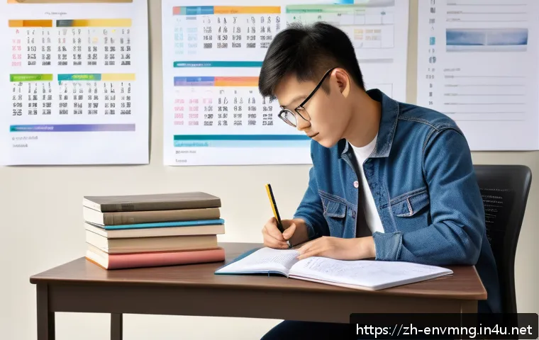 환경경영 자격증 시험 준비 방법 - A modern study desk scene with a young adult Chinese student diligently preparing for an environment...