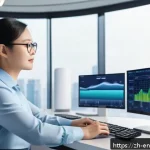 환경경영 분야의 필수 자격증 - A professional environmental manager in a modern office setting, analyzing environmental data on mul...