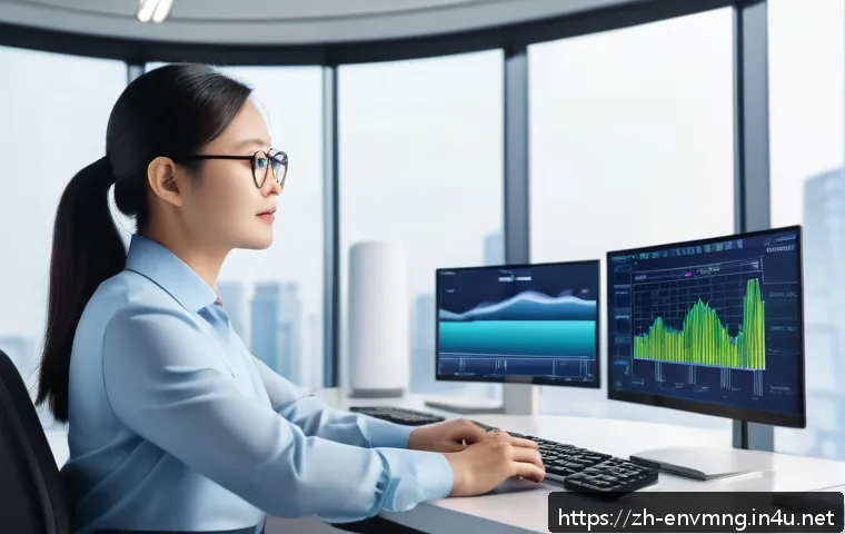 환경경영 분야의 필수 자격증 - A professional environmental manager in a modern office setting, analyzing environmental data on mul...