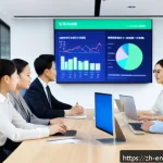 환경경영 관련 업무의 난이도 - A modern corporate office environment showing a diverse team of professionals from different departm...