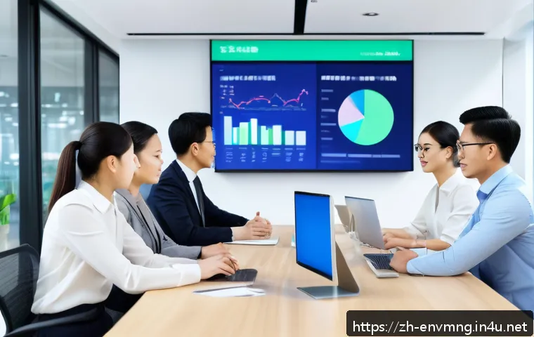 환경경영 관련 업무의 난이도 - A modern corporate office environment showing a diverse team of professionals from different departm...