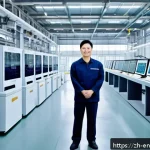 환경경영 업무의 중요성 - A modern factory interior showcasing advanced green technology with smart sensors and IoT devices mo...
