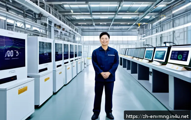 환경경영 업무의 중요성 - A modern factory interior showcasing advanced green technology with smart sensors and IoT devices mo...