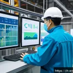 환경경영 실무 사례 분석 - A modern industrial factory environment showcasing advanced environmental management technology: mul...