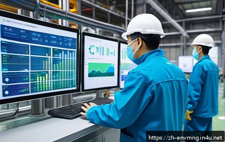 환경경영 실무 사례 분석 - A modern industrial factory environment showcasing advanced environmental management technology: mul...