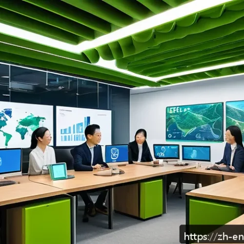 환경경영 이론의 실제 적용 사례 - A modern high-tech corporate office environment showcasing a diverse team of professionals collabora...