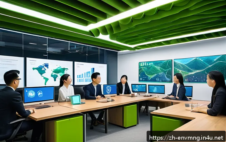 환경경영 이론의 실제 적용 사례 - A modern high-tech corporate office environment showcasing a diverse team of professionals collabora...