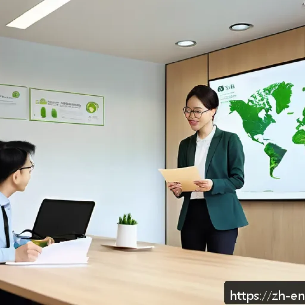 환경경영 자격증 취득 후 성장 전략 - A modern office environment showing a confident environmental manager presenting a green project pro...