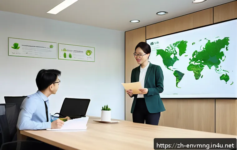환경경영 자격증 취득 후 성장 전략 - A modern office environment showing a confident environmental manager presenting a green project pro...